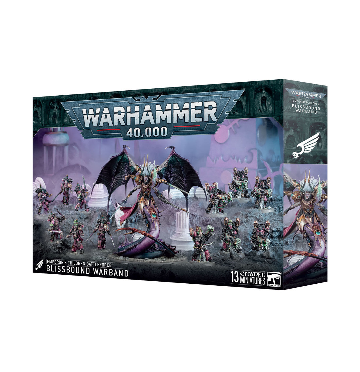 The Warhammer 40000 Emperor's Children Blissbound Warband box displays 13 Citadel miniatures including a centerpiece winged Slaaneshi Daemon Prince