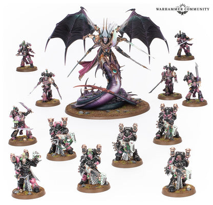 The Emperor's Children Blissbound Warband set features a winged serpentine daemon and eleven Chaos Space Marine miniatures painted in pink and black armor
