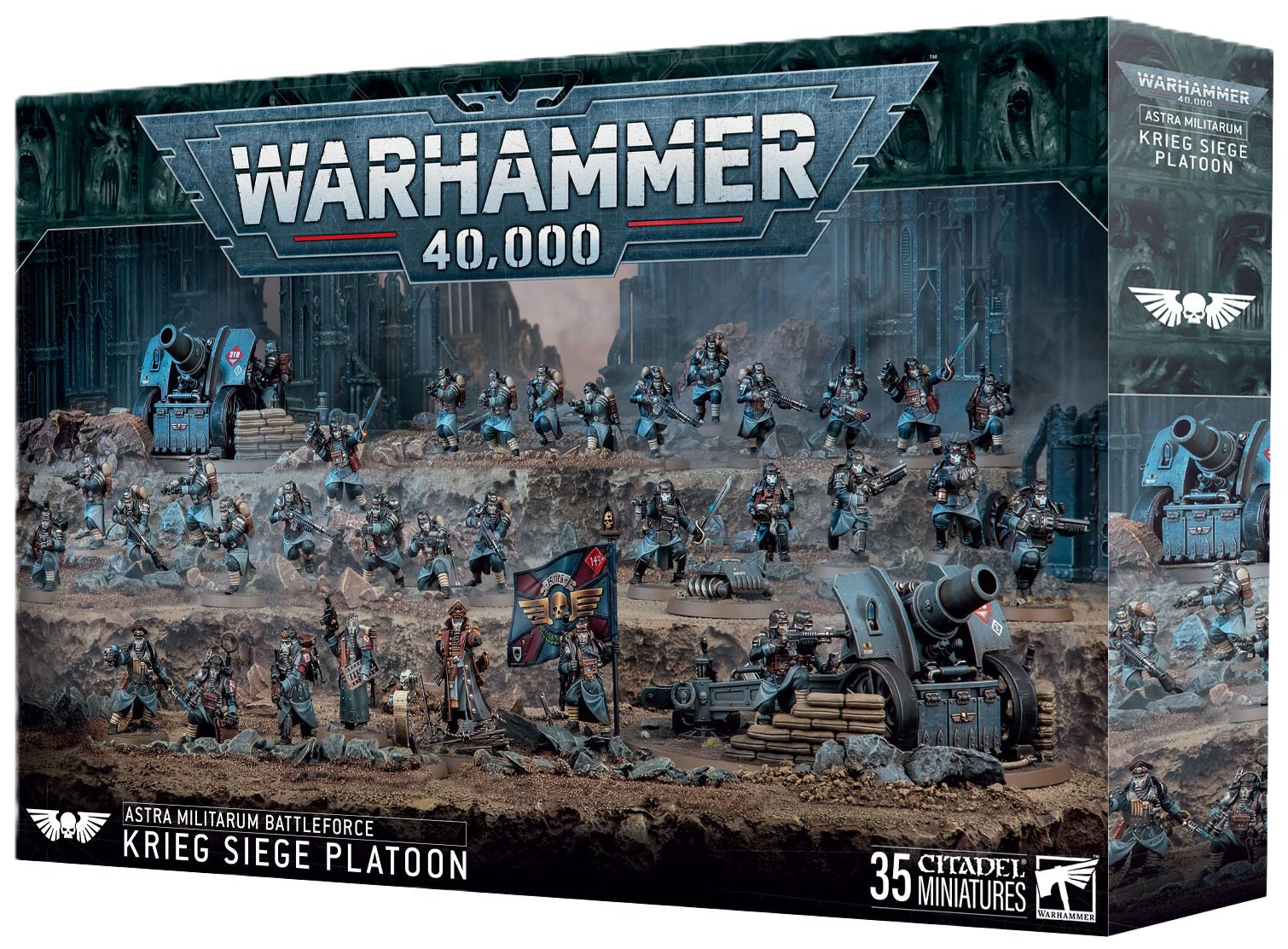The Astra Militarum Krieg Siege Platoon Battleforce box shows 35 Citadel miniatures deployed on a battlefield, featuring masked infantry and heavy artillery pieces