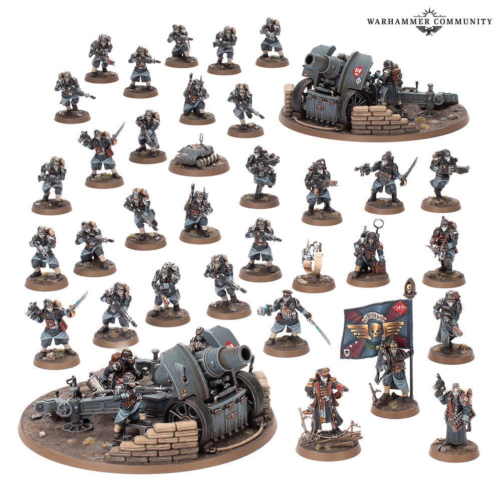 A large painted set of Death Korps of Krieg miniatures featuring dozens of infantry, command figures, a standard bearer, and two heavy artillery cannons