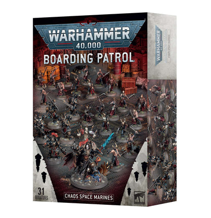 The Warhammer 40000 Boarding Patrol Chaos Space Marines box displays 31 miniatures on the cover in a grim industrial environment