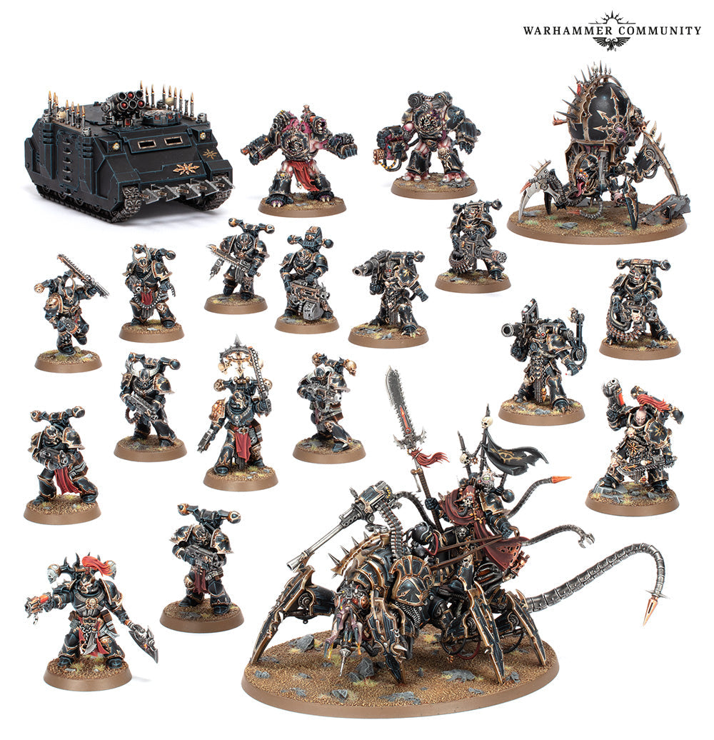 This detailed Chaos Space Marines Hellforged Warband set features a black Rhino, numerous infantry models, and two large multi-legged daemon engines