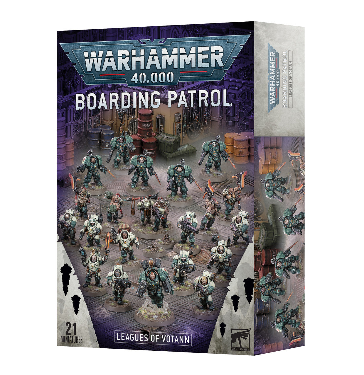 The Warhammer 40000 Boarding Patrol Leagues of Votann box displays 21 detailed Kin miniatures in heavy and light armor standing ready in a dark industrial setting