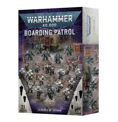 The Warhammer 40000 Boarding Patrol Leagues of Votann box displays 21 detailed Kin miniatures in heavy and light armor standing ready in a dark industrial setting