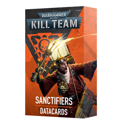 A box for Kill Team Sanctifiers Datacards featuring an illustration of a man in red robes and goggles, holding a flaming staff and an assault rifle