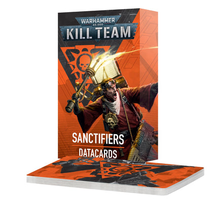 A Kill Team Sanctifiers Datacards box stands upright with a stack of matching cards lying flat, featuring a robed figure with a burning censer and an orange skull emblem