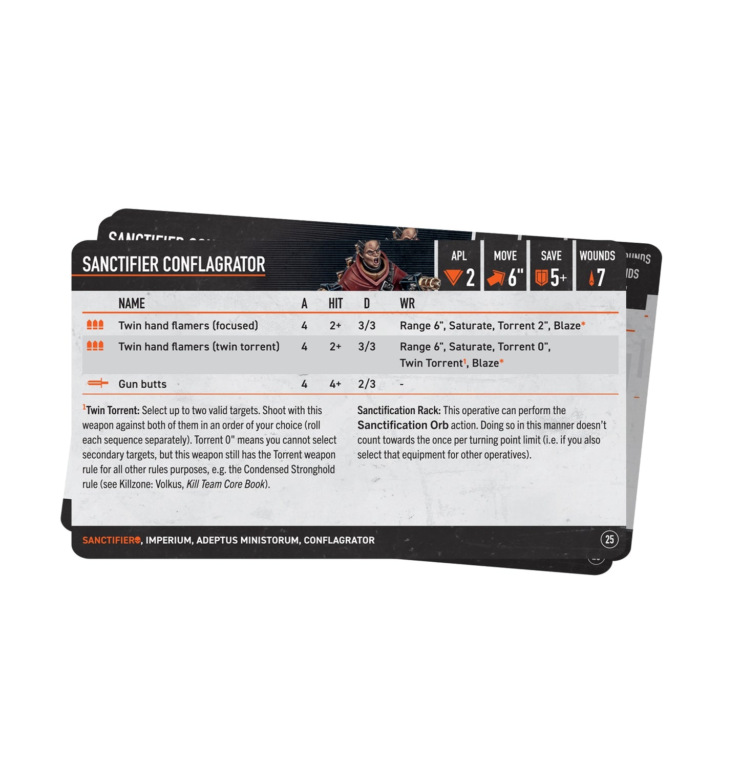 A close-up of a Kill Team Sanctifiers datacard showing a character illustration, game statistics, weapon profiles, and special rules text