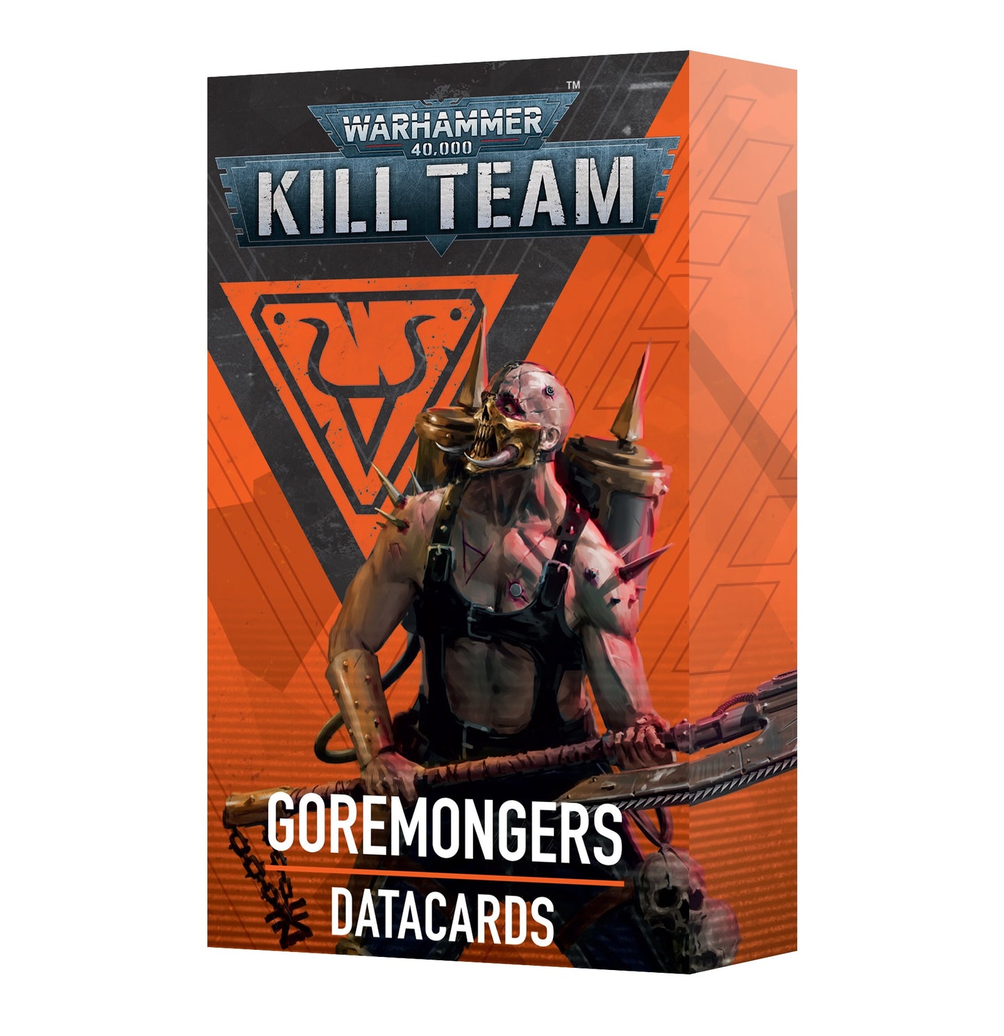 A product box for Kill Team Goremongers Datacards featuring a spike-clad character with an axe on an orange and black background