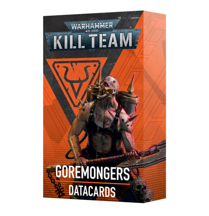 A product box for Kill Team Goremongers Datacards featuring a spike-clad character with an axe on an orange and black background
