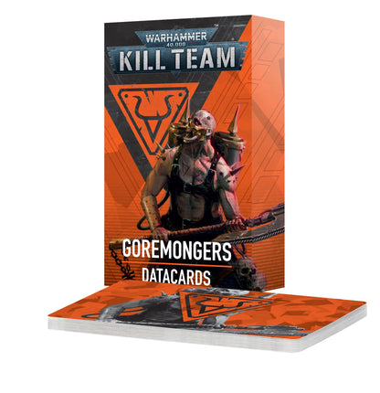 A standing box and flat stack of Kill Team Goremongers Datacards, both displaying a creature with a mask and spikes on an orange background