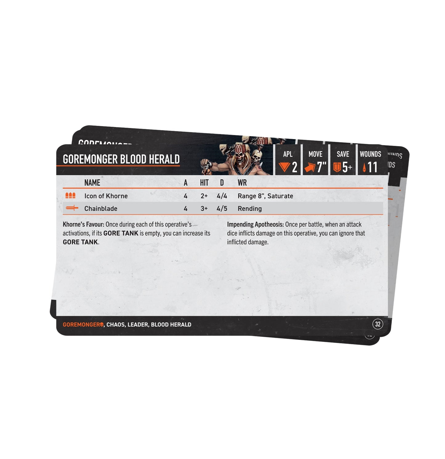 A Kill Team Goremongers Datacard for the Goremonger Blood Herald unit, detailing its stats, weapons, abilities, and a small image of the figure on a white background