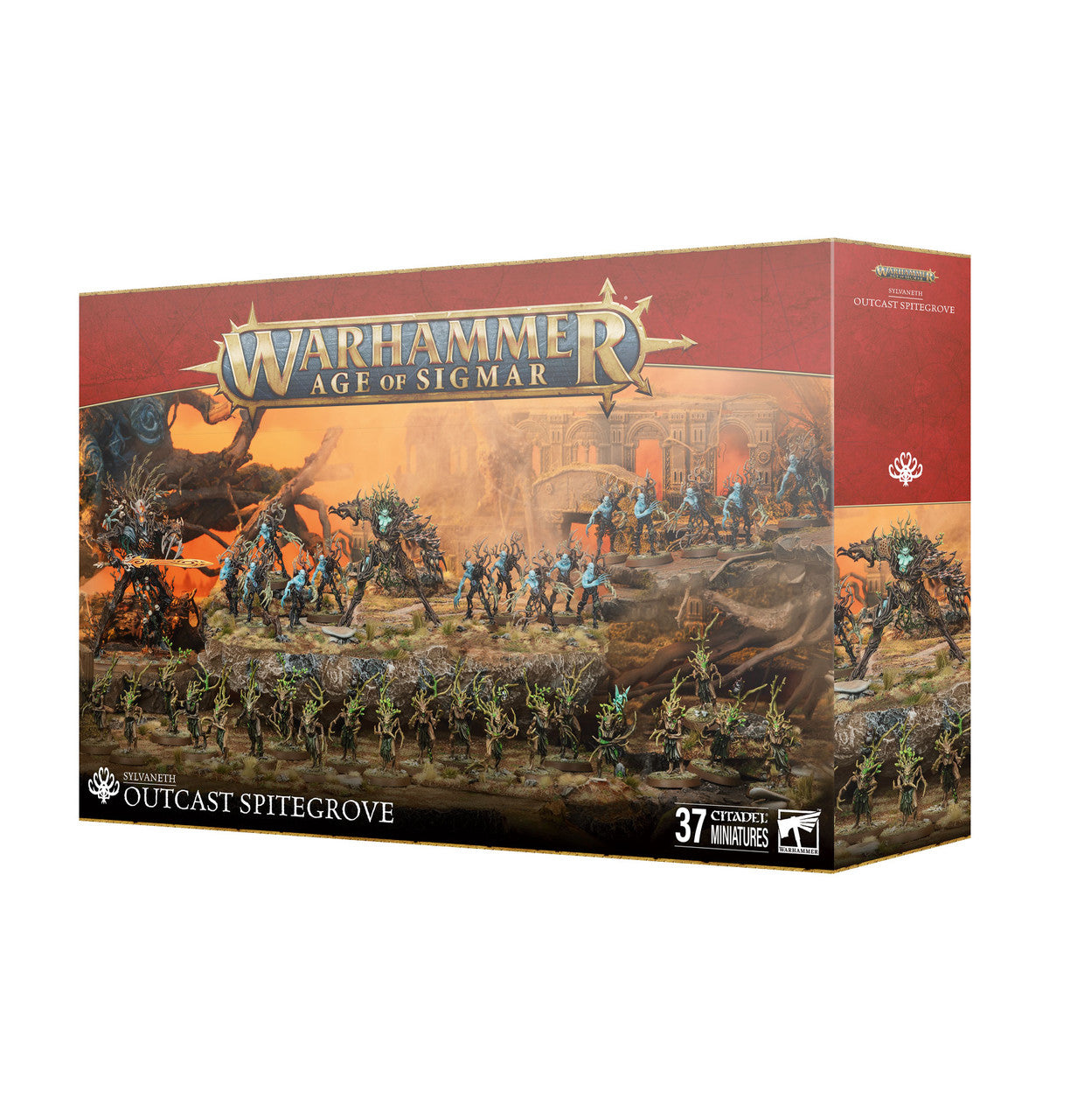 The product box for Sylvaneth Outcast Spitegrove includes 37 Citadel miniatures from Warhammer Age of Sigmar pictured fighting among ruins