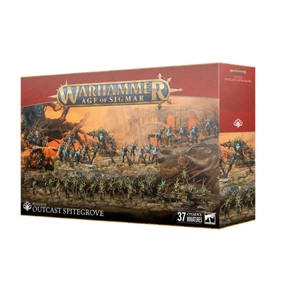 The product box for Sylvaneth Outcast Spitegrove includes 37 Citadel miniatures from Warhammer Age of Sigmar pictured fighting among ruins