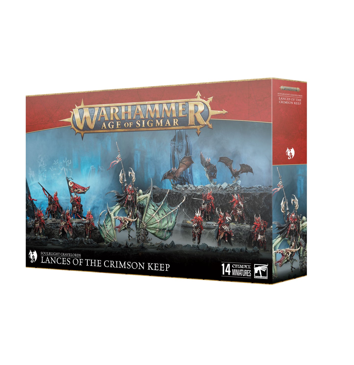 The Soulblight Gravelords Lances of the Crimson Keep set displays 14 miniatures including flying Fell Bats and red-armored Kastelai Blood Knights led by a mounted vampire