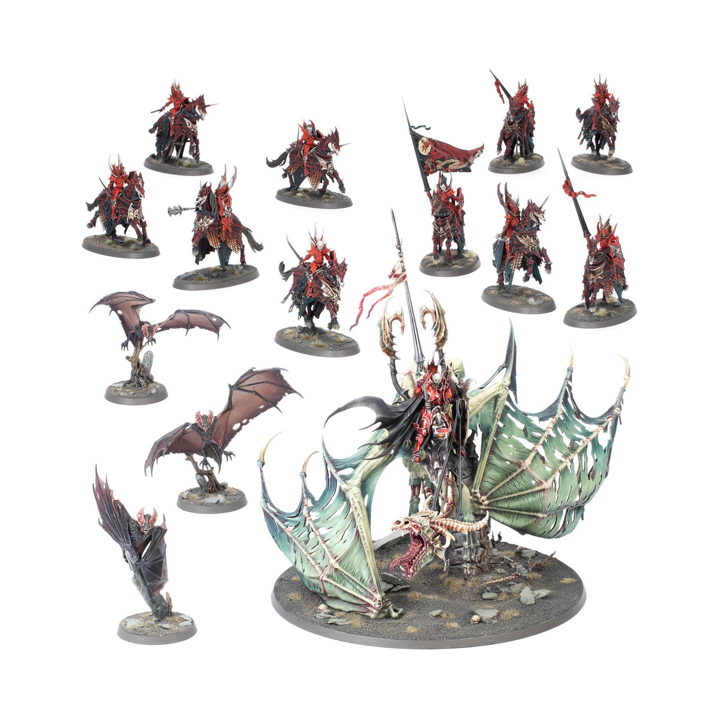 Display of the Soulblight Gravelords box set featuring a large vampire lord on a winged skeletal mount, nine Blood Knight cavalry, and three monstrous bat miniatures