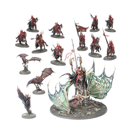 Display of the Soulblight Gravelords box set featuring a large vampire lord on a winged skeletal mount, nine Blood Knight cavalry, and three monstrous bat miniatures
