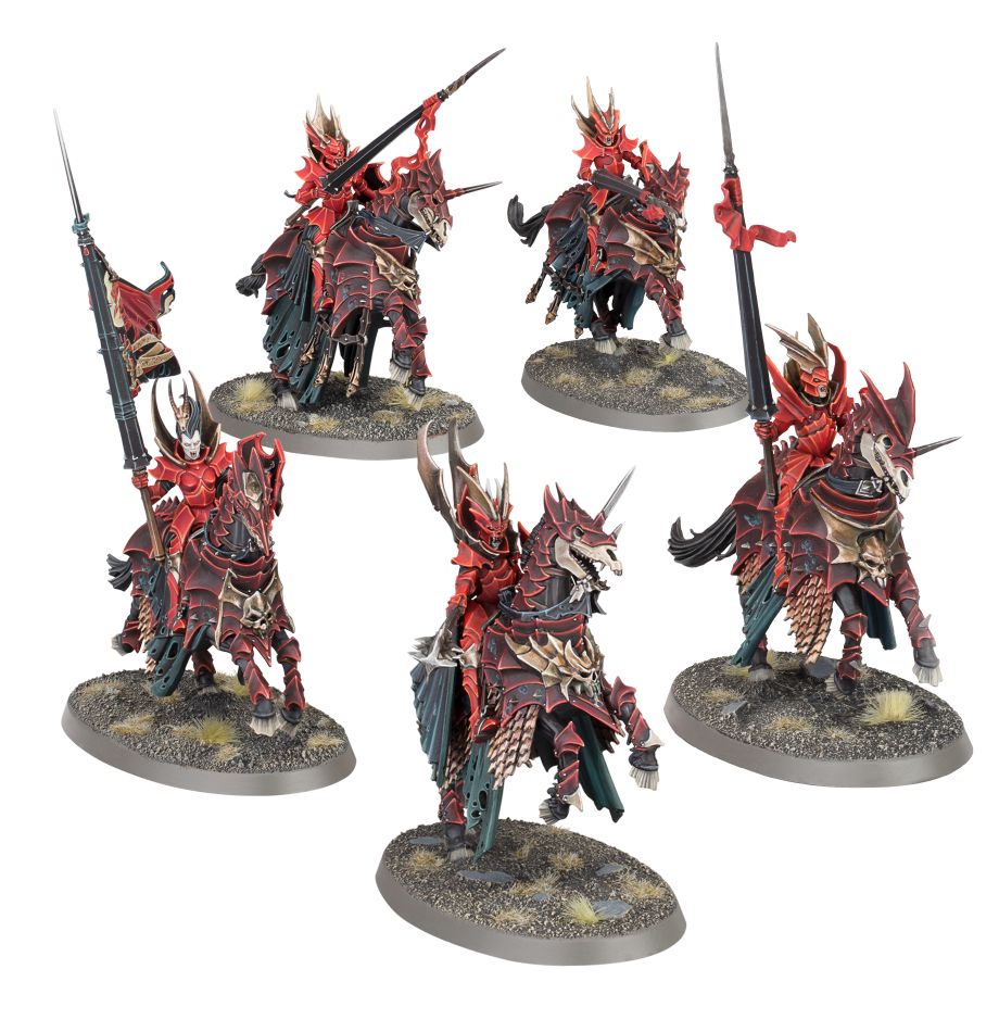 A set of five Soulblight Gravelords Lances of the Crimson Keep cavalry miniatures painted in striking crimson and black armor posed on textured oval bases