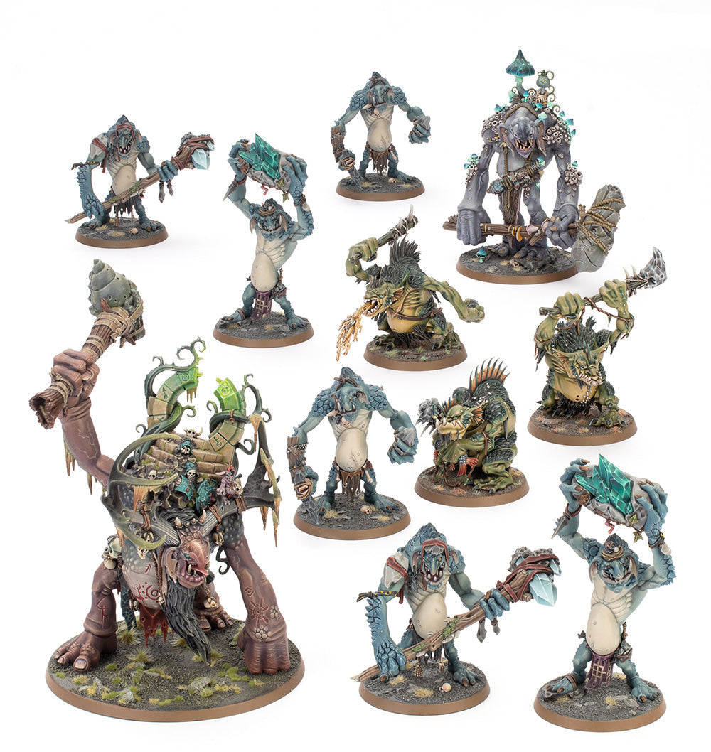 The Gloomspite Gitz Dankhold Rampage box set features a large Dankhold Troggoth leader surrounded by Rockgut and Fellwater Troll miniatures