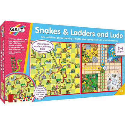 The Snakes and Ladders and Ludo game box features two colorful animal-themed game boards, one with snakes and ladders, the other a Ludo board