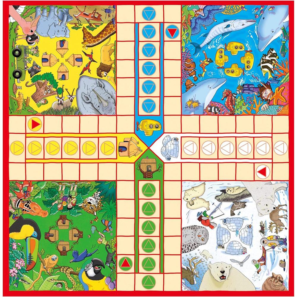A Snakes and Ladders and Ludo board game featuring four themed quadrants: savannah, underwater, jungle, and arctic, with game paths