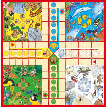 A Snakes and Ladders and Ludo board game featuring four themed quadrants: savannah, underwater, jungle, and arctic, with game paths