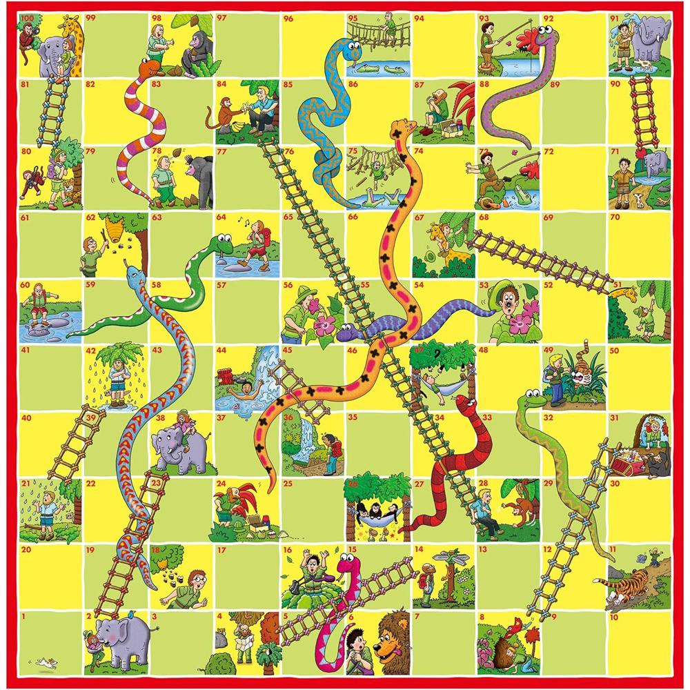 A vibrant Snakes and Ladders game board featuring numbered squares from 1 to 100, with illustrations of cartoon animals, people, colorful snakes, and wooden ladders