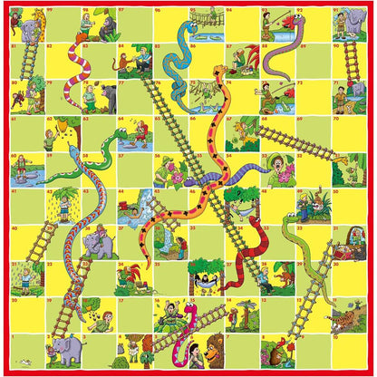 A vibrant Snakes and Ladders game board featuring numbered squares from 1 to 100, with illustrations of cartoon animals, people, colorful snakes, and wooden ladders