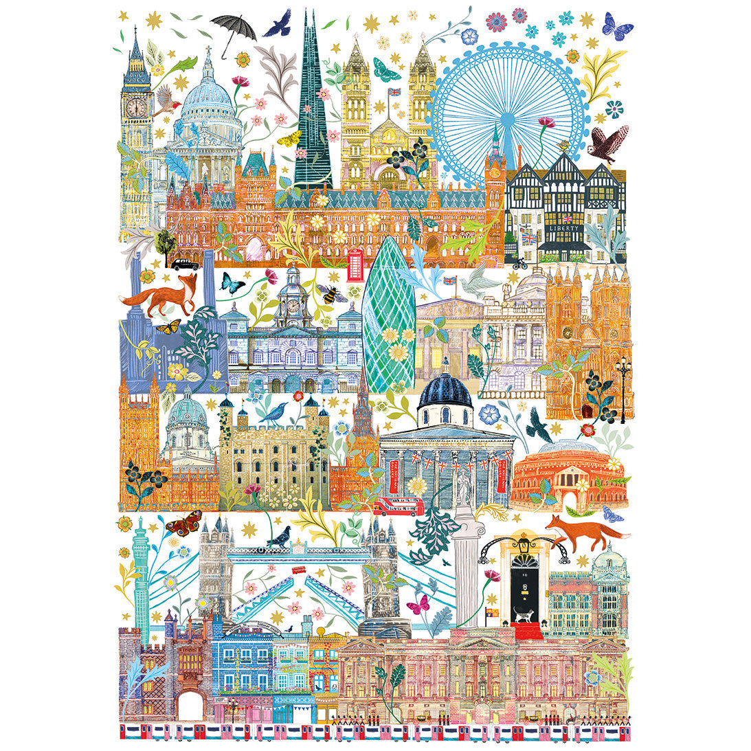 A colorful, detailed illustration of London architecture (Big Ben, Tower Bridge, The Shard) interwoven with flowers and wildlife.