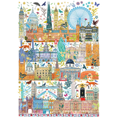 A colorful, detailed illustration of London architecture (Big Ben, Tower Bridge, The Shard) interwoven with flowers and wildlife.