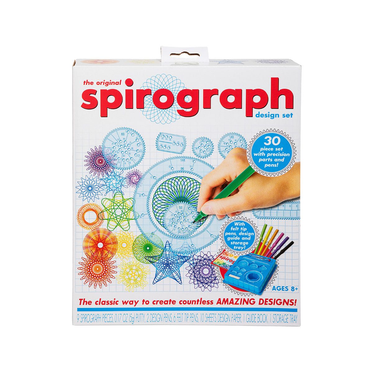 Spirograph Design Set box featuring colorful geometric designs a hand using the drawing tool and package details