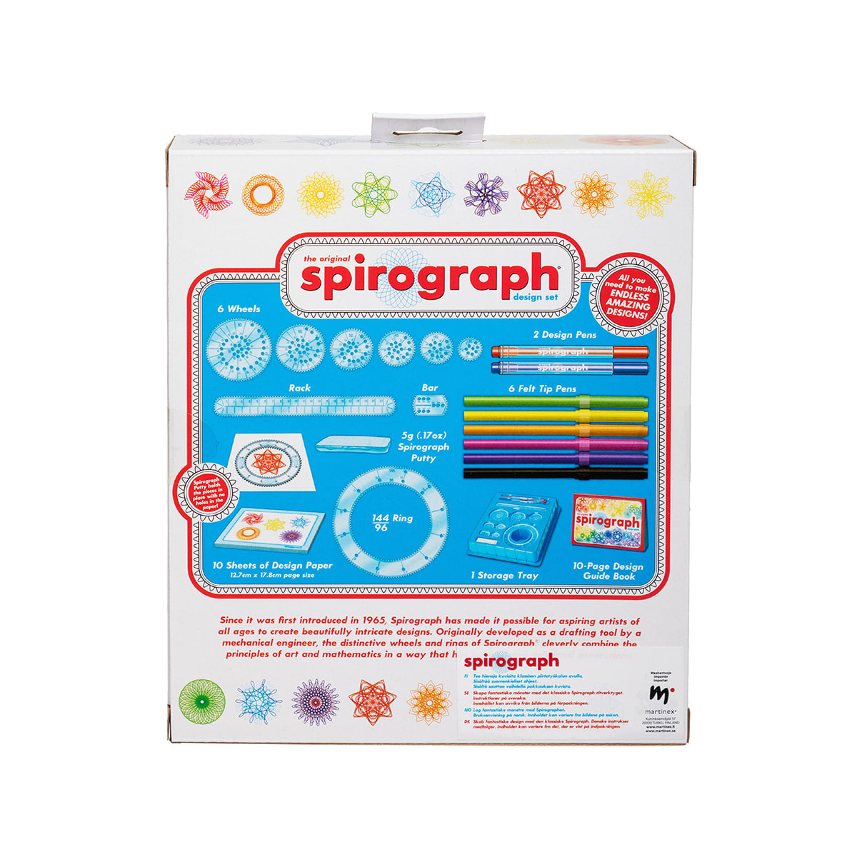 Spirograph Design Set box featuring colorful geometric designs a hand using the drawing tool and package view from back