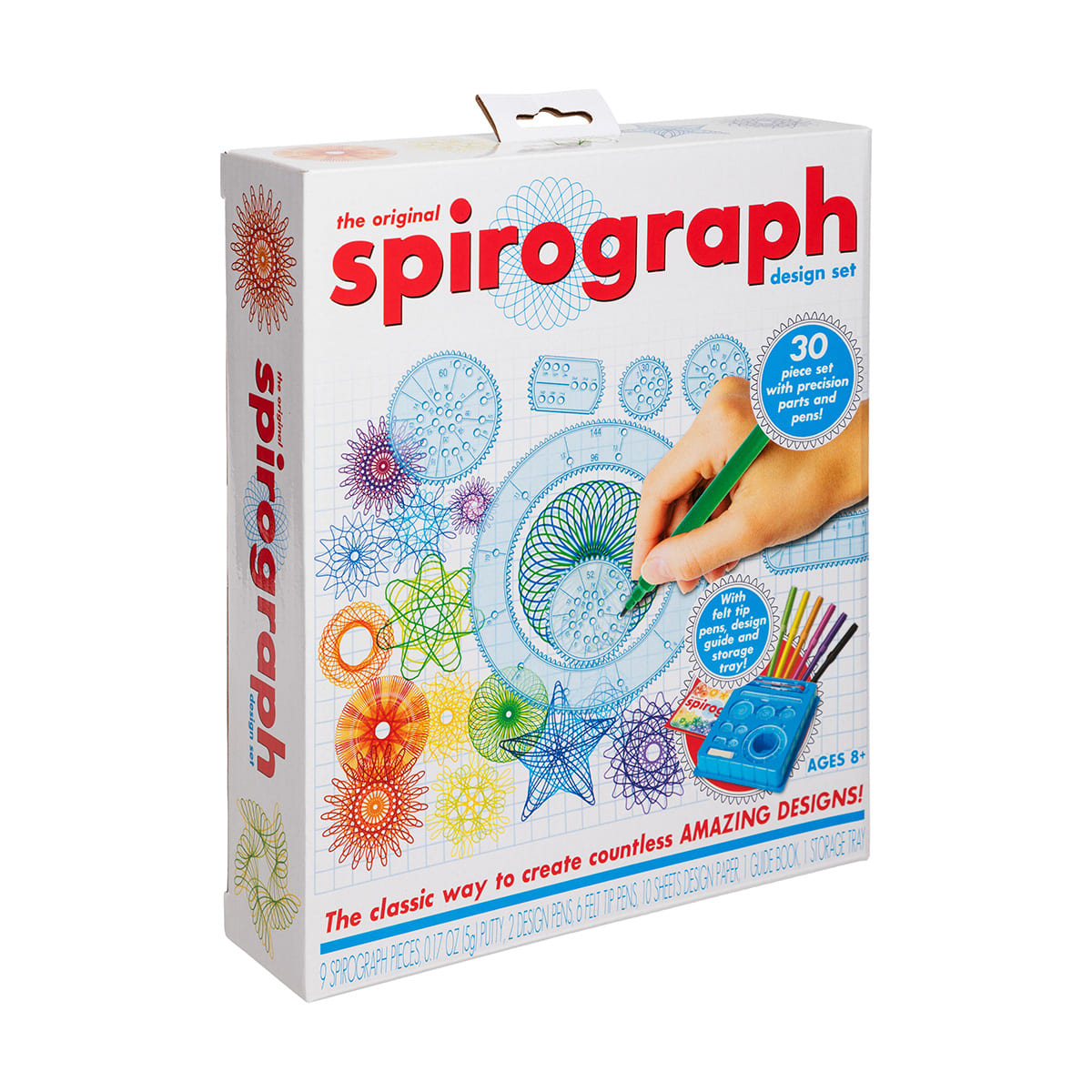 Spirograph Design Set box packaging view featuring colorful geometric designs a hand using the drawing tool