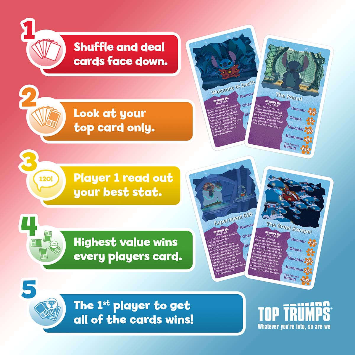 Top Trumps Lilo &amp; Stitch cards fanned out and showing how to play instruction