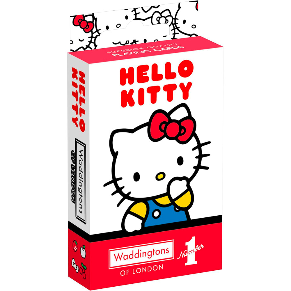 This white Waddingtons No 1 of London Hello Kitty playing card box features the character in blue overalls and a red bow, with prominent red "HELLO KITTY" text