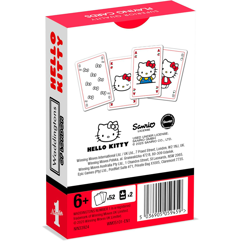 A Waddingtons No 1 Hello Kitty playing card deck in a white and red box, front showcasing fanned cards with Hello Kitty illustrations, indicating 52 cards and 2 jokers