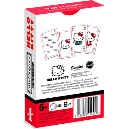 A Waddingtons No 1 Hello Kitty playing card deck in a white and red box, front showcasing fanned cards with Hello Kitty illustrations, indicating 52 cards and 2 jokers