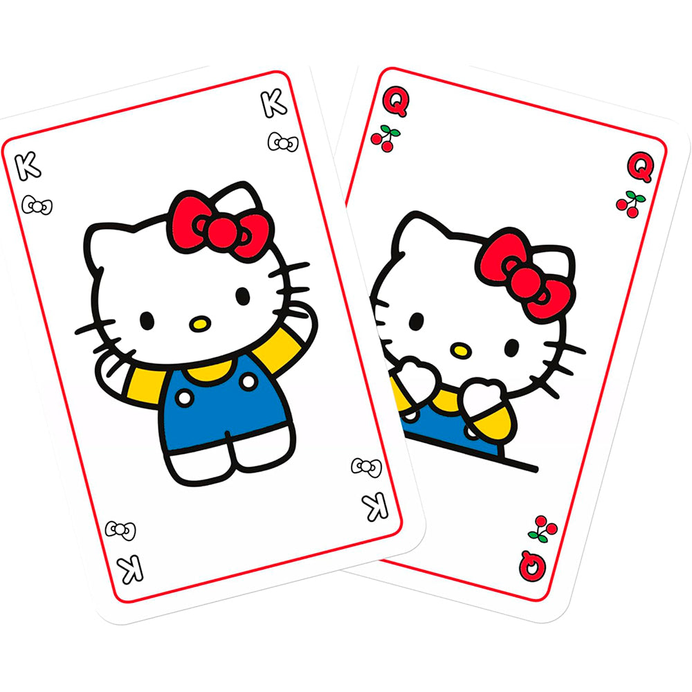 Two Waddingtons No 1 Hello Kitty playing cards, a King and a Queen, showcase Kitty in blue outfits with red bow and cherry suit symbols