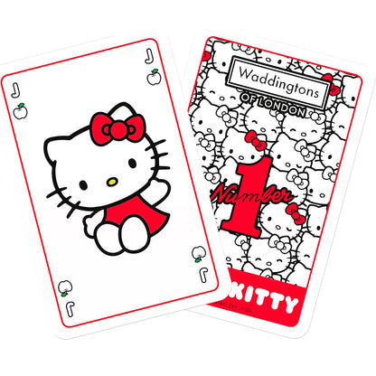 Two Waddingtons No 1 Hello Kitty playing cards featuring a Jack with Hello Kitty in a red dress and a card back displaying many Hello Kitty faces with a large red one