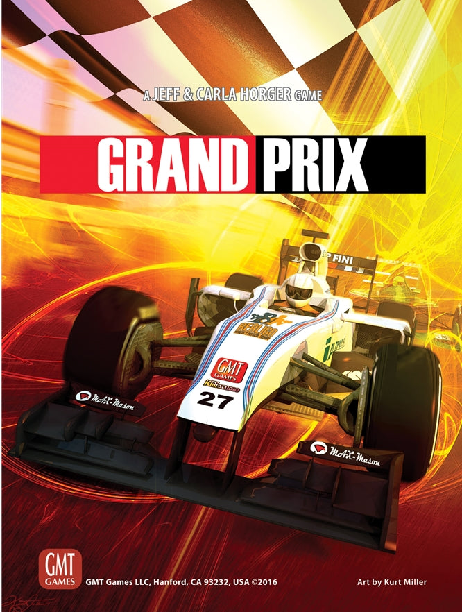 Grand Prix game cover features a white F1 race car speeding past a checkered flag on a dynamic red and yellow background