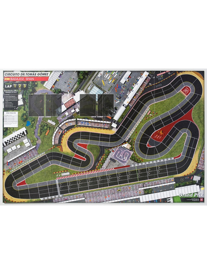 Detailed F1-style race track board game map, with grandstands and game card areas
