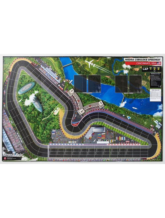 Grand Prix racing board game map featuring a detailed speedway track, river, airport and card areas