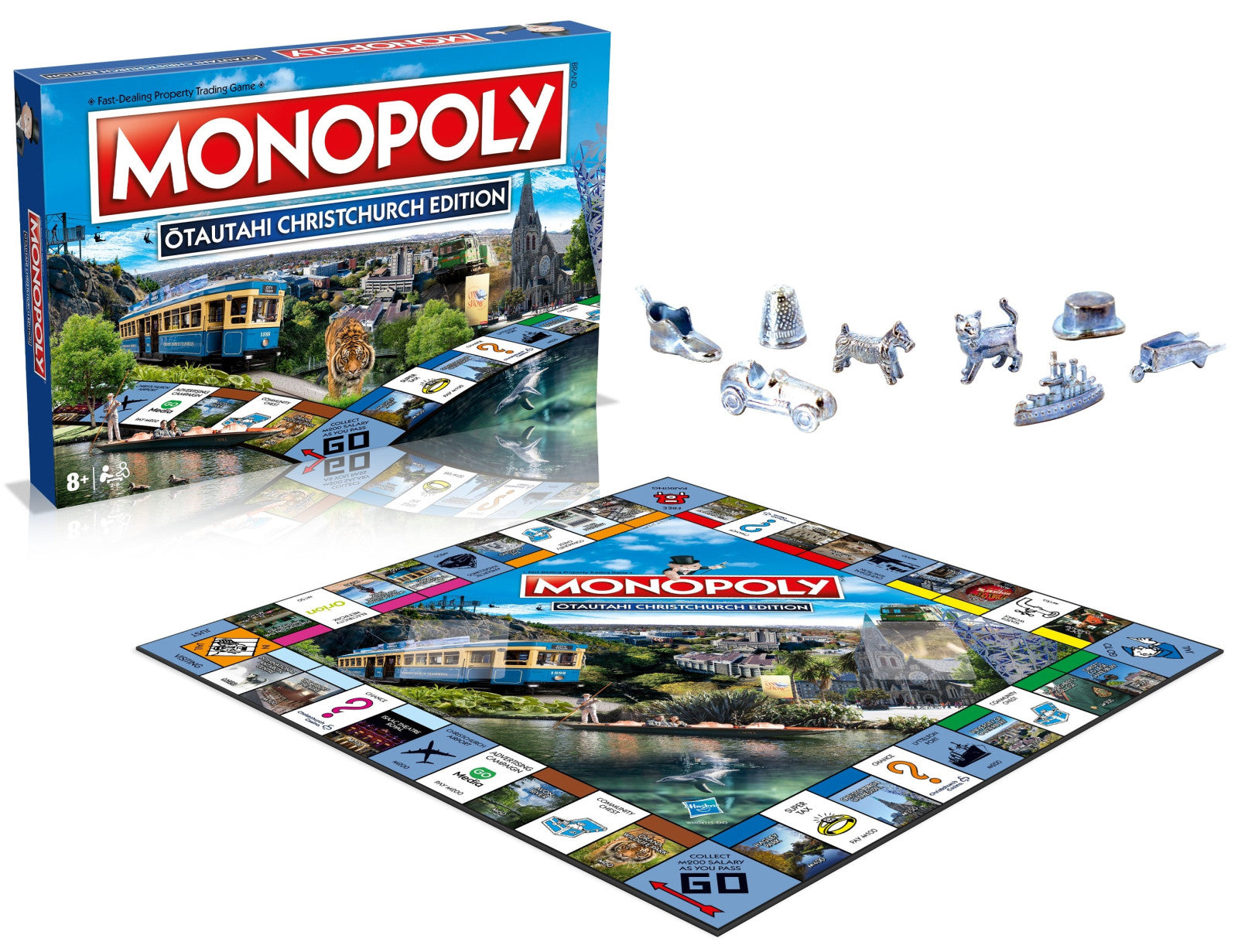 Winning Moves Christchurch Monopoly game with board, box, and metal tokens