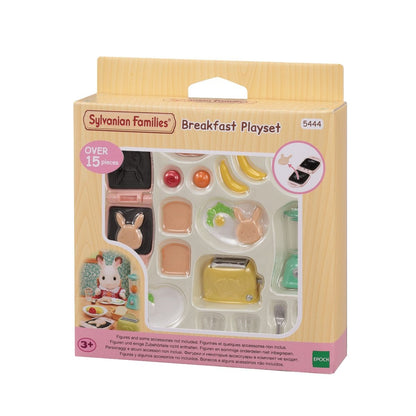 Boxed Sylvanian Families Breakfast Playset, displaying miniature waffle maker, toaster, and food accessories