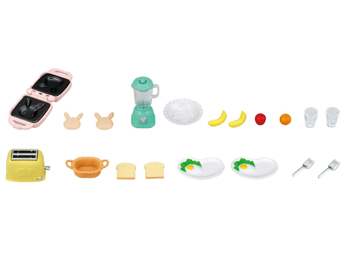 Miniature toy breakfast playset featuring a waffle maker, toaster, blender, fruit, toast, and fried eggs