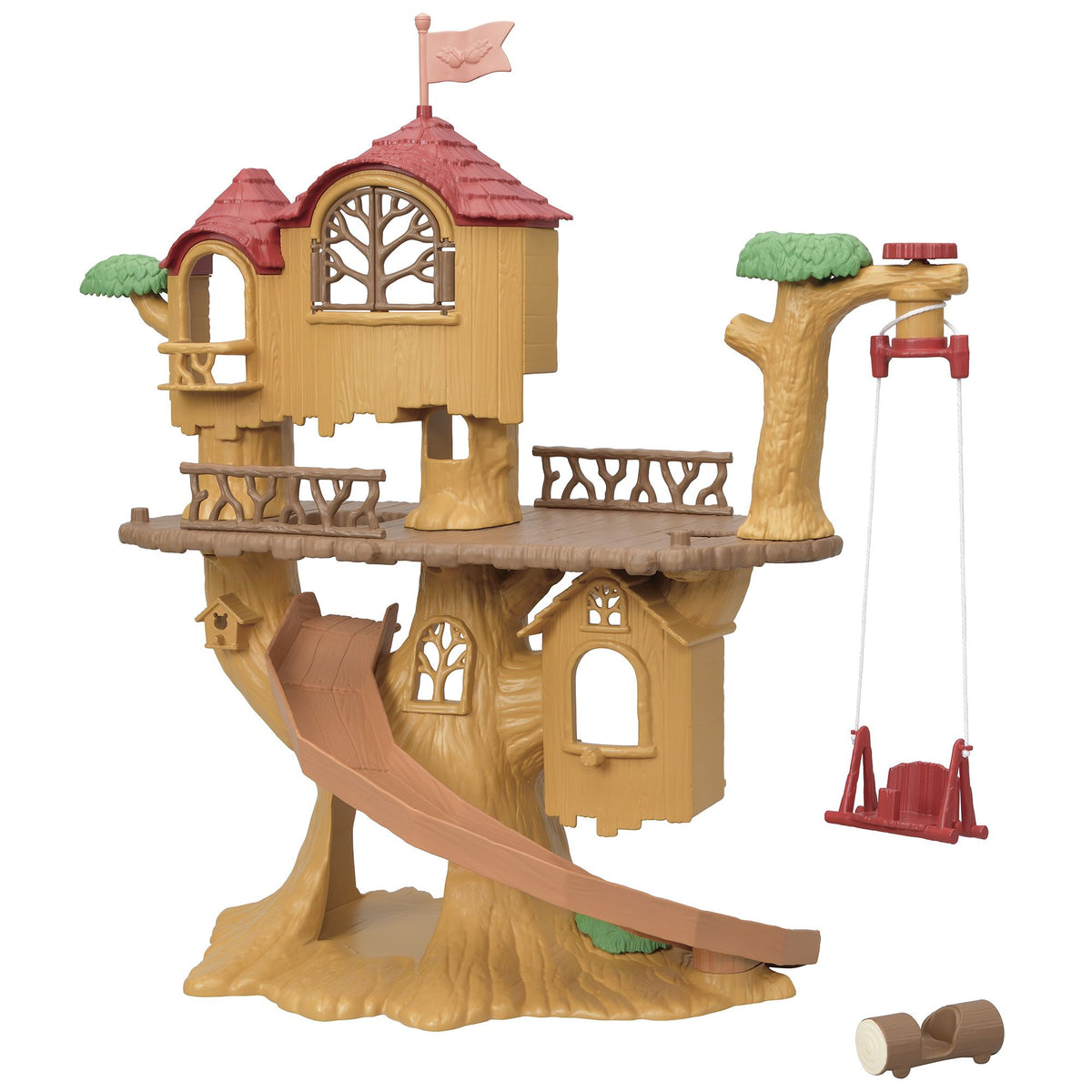 Multi-level plastic toy treehouse playset with a red roof, attached slide, and swing