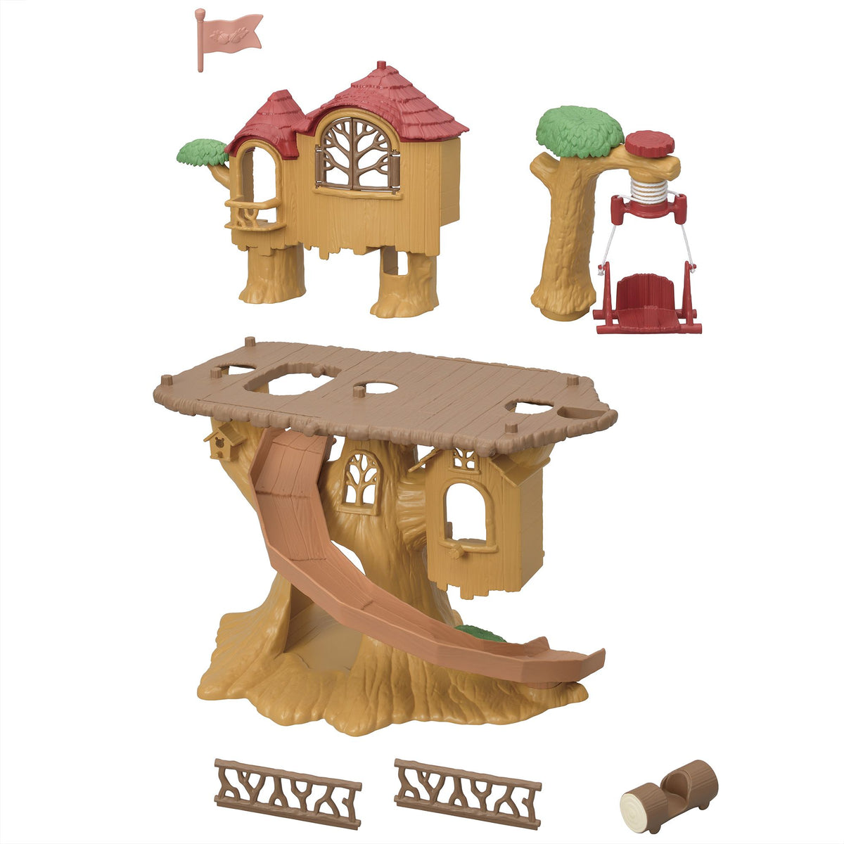 Disassembled plastic treehouse toy set with cabin, slide, swing, flag, and two ladders