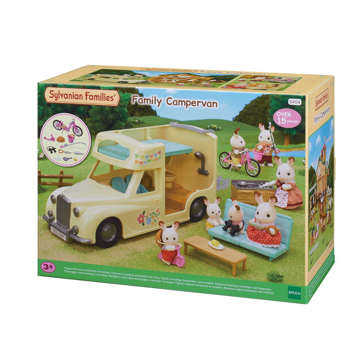 Sylvanian Families Family Campervan toy box featuring a cream vintage RV and rabbit figures enjoying a campsite picnic