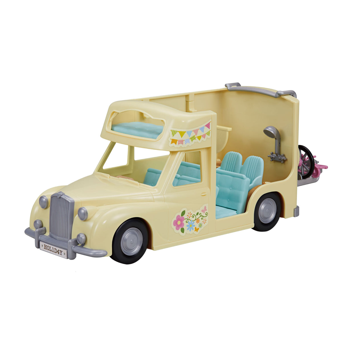 Cream and blue toy camper van with open roof, upper bunk, shower, and rear bike rack