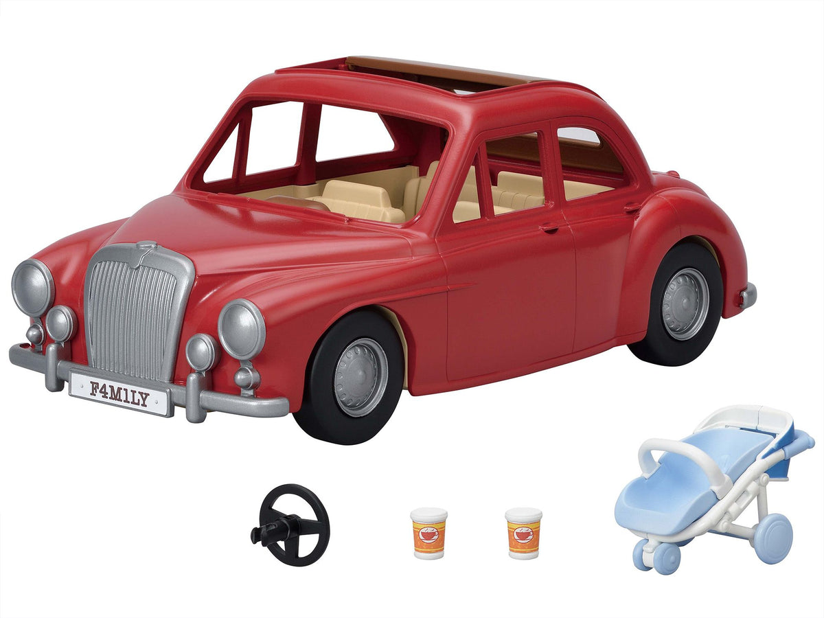 Red classic toy car playset with stroller, steering wheel, and two miniature coffee cups