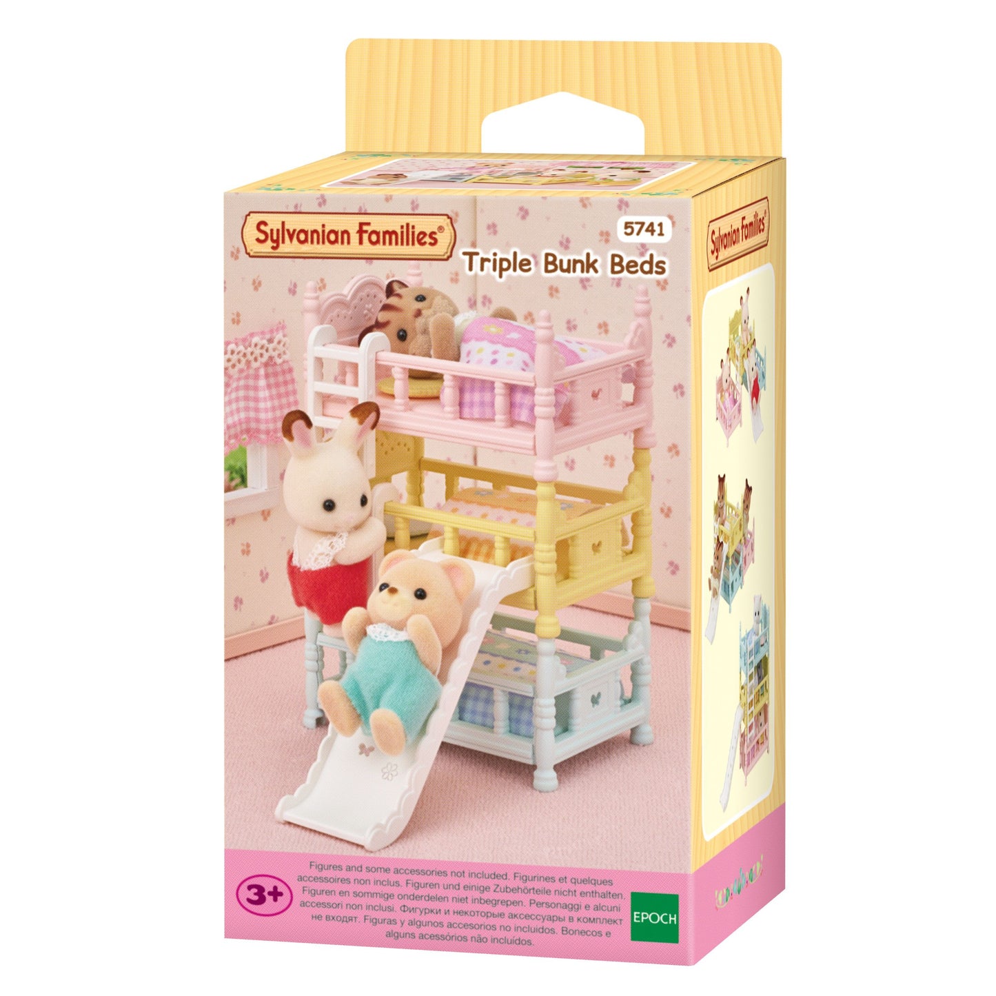 Sylvanian Families Triple Bunk Beds set with figures; a bear slides down the white bed slide